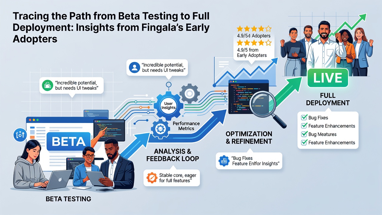 Deployment pipeline visualization from Fingala early adopter case study with timeline markers and performance graphs